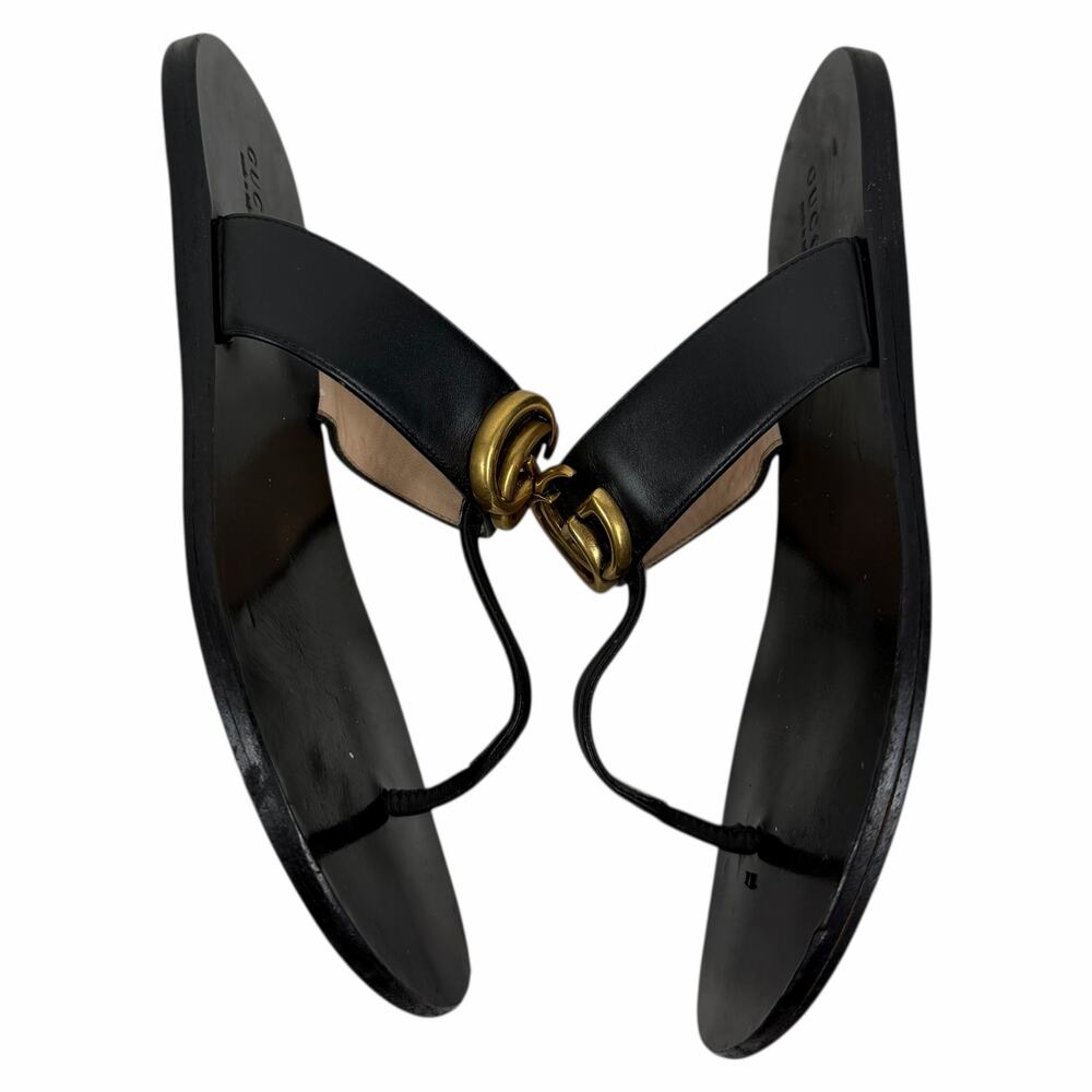 Gucci Black Leather Thong Sandal Gold Double G Logo Size 36.5 - Picture 7 of 14